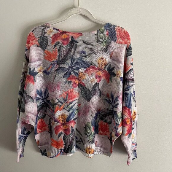 Luisa Ricci Women SZ L Gray Floral Print Dolman Sleeve Lightweight Knit Sweater - Picture 2 of 8